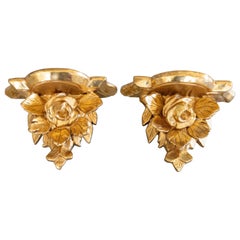 Pair of Italian Giltwood Roses Wall Brackets Shelves, circa 1940