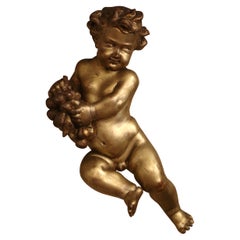 18th Century Italian Carved Giltwood Putti Cherub Wall Sculpture Holding Grapes