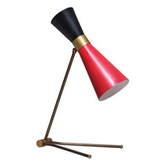 Vintage Stilnovo Adjustable Brass Desk Lamp, Black and Red Diabolo Shade, Italy, 1950s