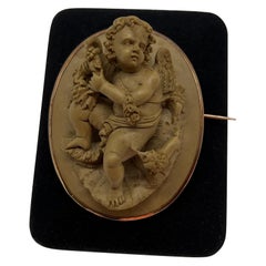 Fine, Victorian 18K Yellow Gold & Carved Lava Stone Putti & Dog Brooch 