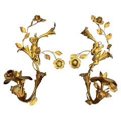 Gorgeous Gilded Italian Cherub Putti Single Candle Neoclassical Revival Sconces 