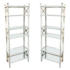 1970s Neo-Classical Style White Faux Bamboo Etageres / Shelves / Bookcases -Pair