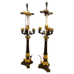 Pair 19th Century French Empire Ormolu Patinated Bronze Candelabra Lamps.