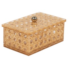 Midcentury Decorative Box in Lucite and Rattan Christian Dior Style, Italy 1970s