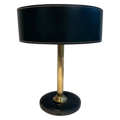 Vintage Black Leather and Brass Desk Lamp in the Style of Jacques Adnet