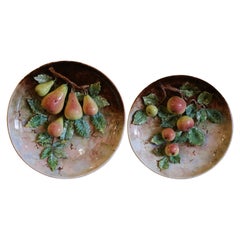 "Fausse" Pair of 19th Century French Hand Painted Barbotine Fruit Wall Platters