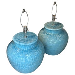 Vintage Pair Pottery Terra Cotta Crackle Glaze Turquoise Table Lamps Newly Wired