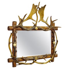 Antique Black Forest Mirror with Rustic Antler Decorations ca. 1900