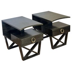 Vintage Modern Cantilever Dark Green Cerused Nightstands or Side Tables – a Pair