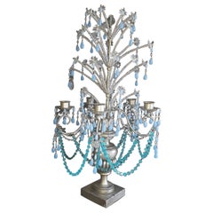 1940's Italian Regency Silvered Wood w/ Crystal Sprays/ Blue Opaline -Candelabra