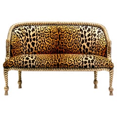 Hollywood Regency Napoleon III Style Gilt Rope & Tassel Settee in Leopard Velvet