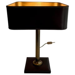 Vintage Brown Leather and Brass Desk Lamp in the Style of Jacques Adnet