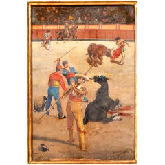 “Bullfighting scene”. Oil on panel, early 20th century.   