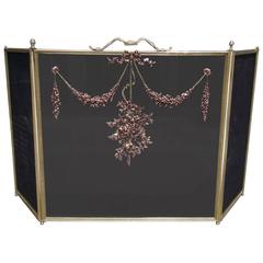 French Brass & Copper Decorative Ribbon Floral Swag Fire Screen,  Circa 1850