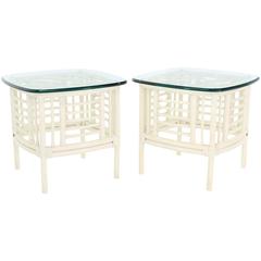 Pair of White Rattan Glass Top Mid-Century Modern Side Tables