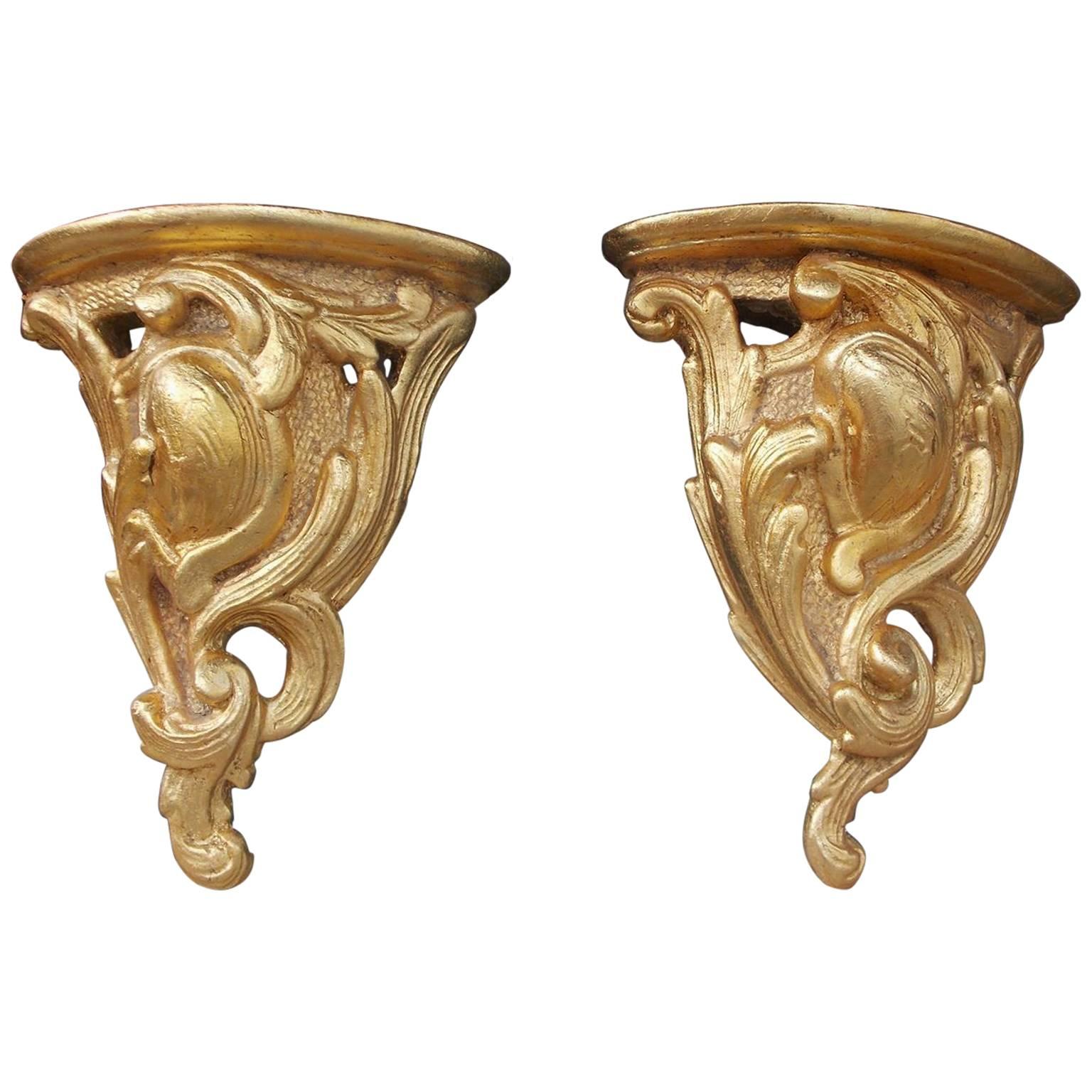 Pair of Italian Gilt Carved Wood Demilune Acanthus Wall Brackets, Circa 1800