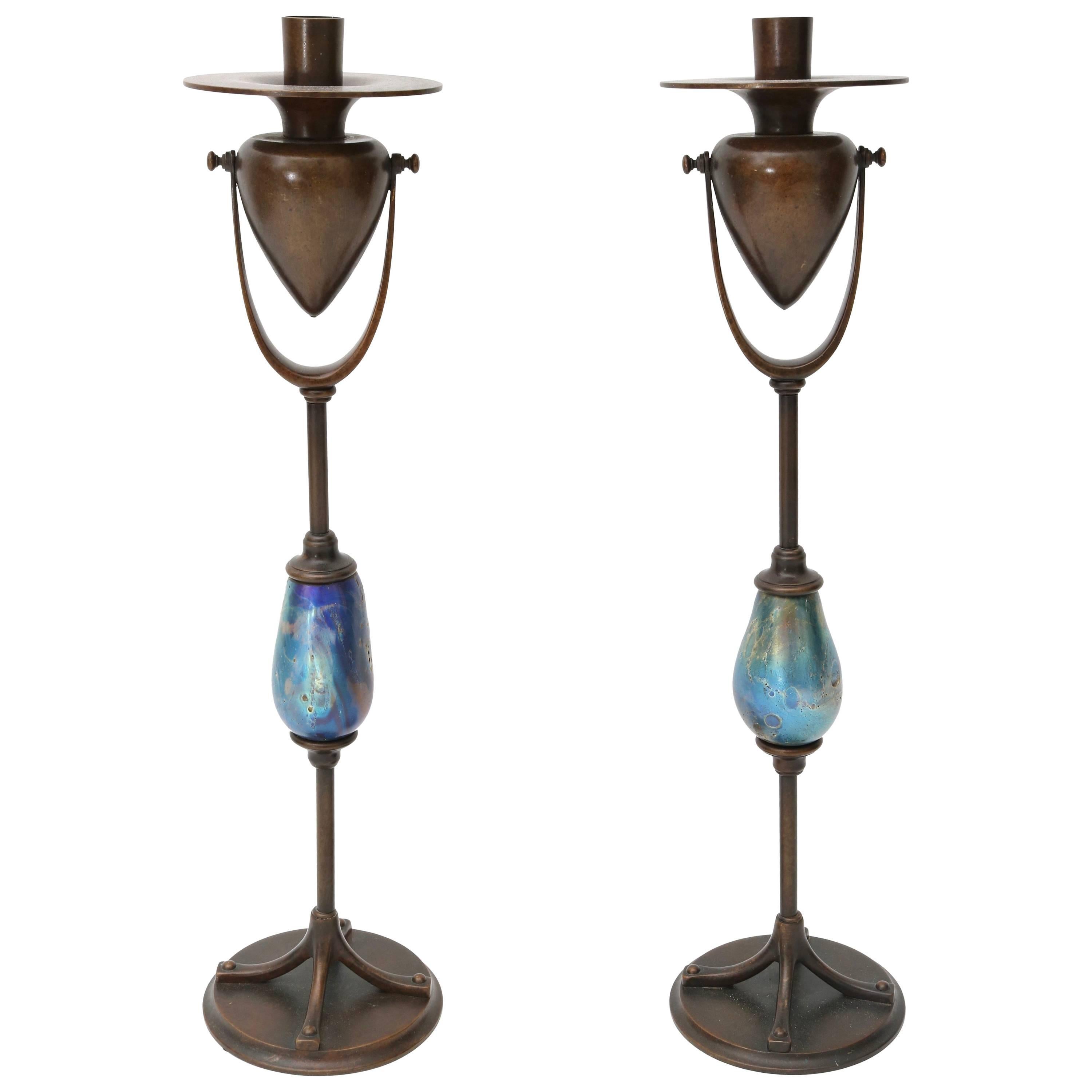 Pair of Candlesticks, Louis C. Tiffany Furnaces Inc, Bronze and Glass For Sale