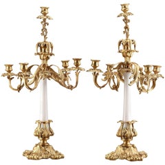 Antique French Brass Mounted White Opaline Candelabra