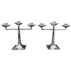 Pair of James Dixon & Sons Three-Branch Silver Arts & Crafts Candelabra