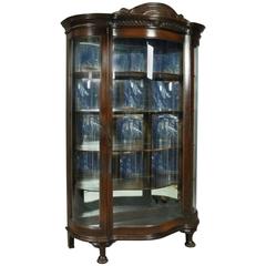 Antique Horner Bros. Oak Figural Mirror Back Curved Glass China Cabinet