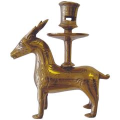 16th Century Yellow Brass Candlestick depicting Deer