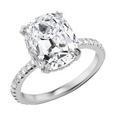 GIA 5.07 Carat Antique Cushion Diamond in Diamond Pavé and Platinum Ring