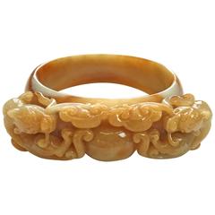 Natural Color Butterscotch Jade Carved Bangle