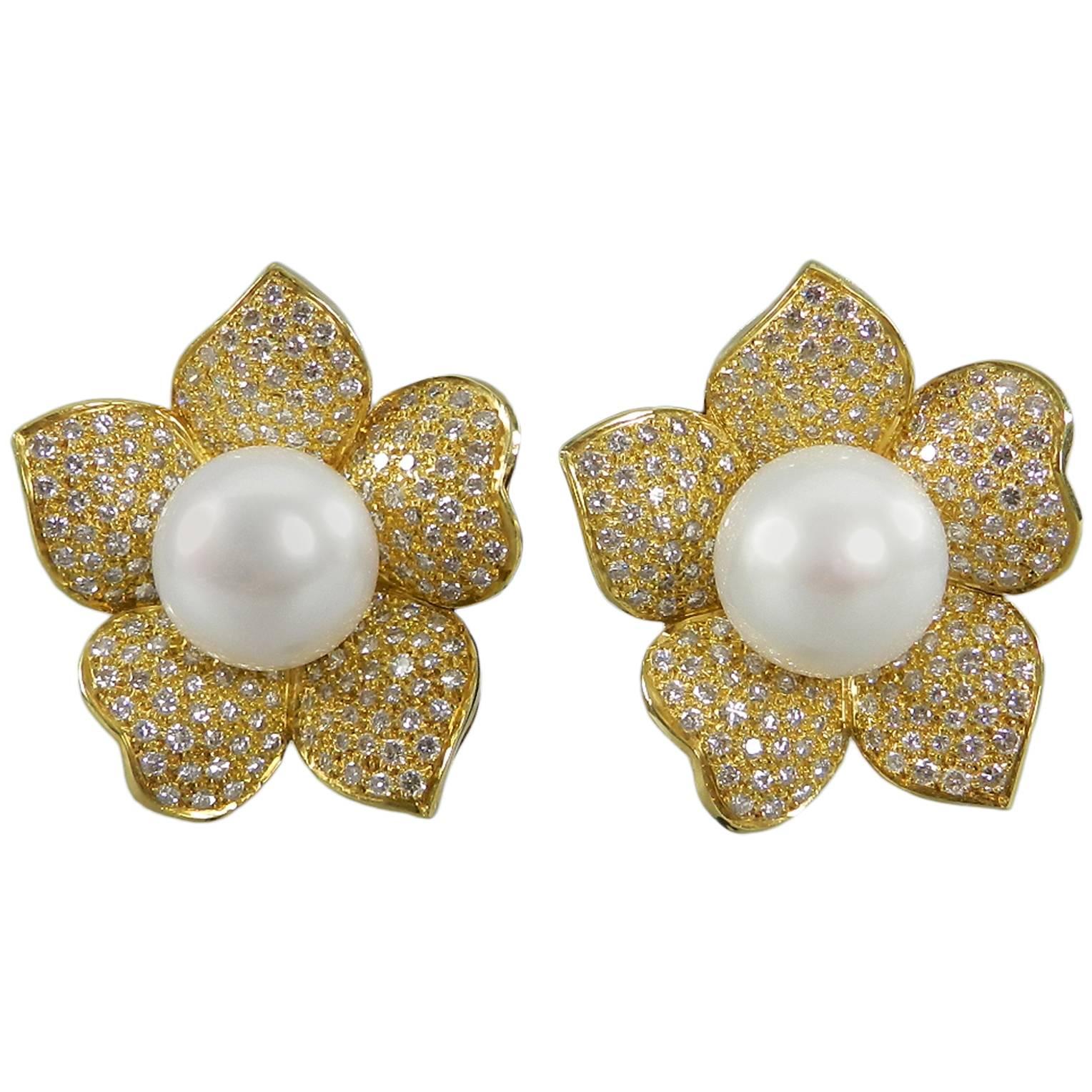 Pearl Diamond Gold Flower Earrings