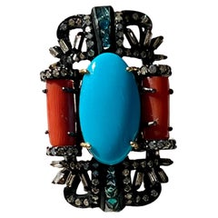 Oxidized Sterling Silver Turquoise, Coral and Diamond Ring