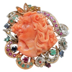 Coral, Emeralds, Rubies, Sapphires, Diamonds, Rose Gold and Silver Ring.