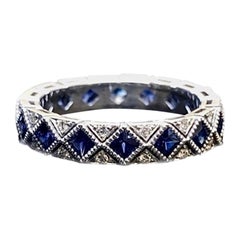 Vintage Inspired Art Deco Platinum Eternity Diamond Princess Cut Sapphire Band