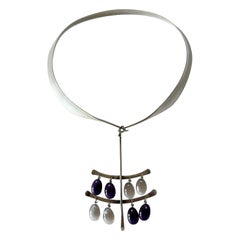 Rare 1960s Vivianna Torun Georg Jensen Silver Amethyst Crystal Pendant Necklace