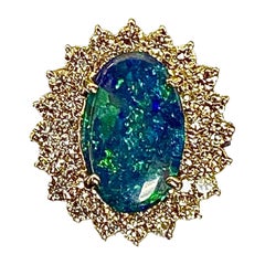 14K Yellow Gold Double Halo Diamond 2.65 Carat Oval Australian Black Opal Ring