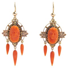 Pair of Victorian Coral Cameo Drop Earrings