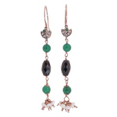 Green Agate, Onyx, Emeralds, Diamonds, Pearls, Rose Gold and Silver Earrings.