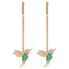 18k Rose Gold Flying Hummingbird Emerald and Ruby Chain Earrings for Women