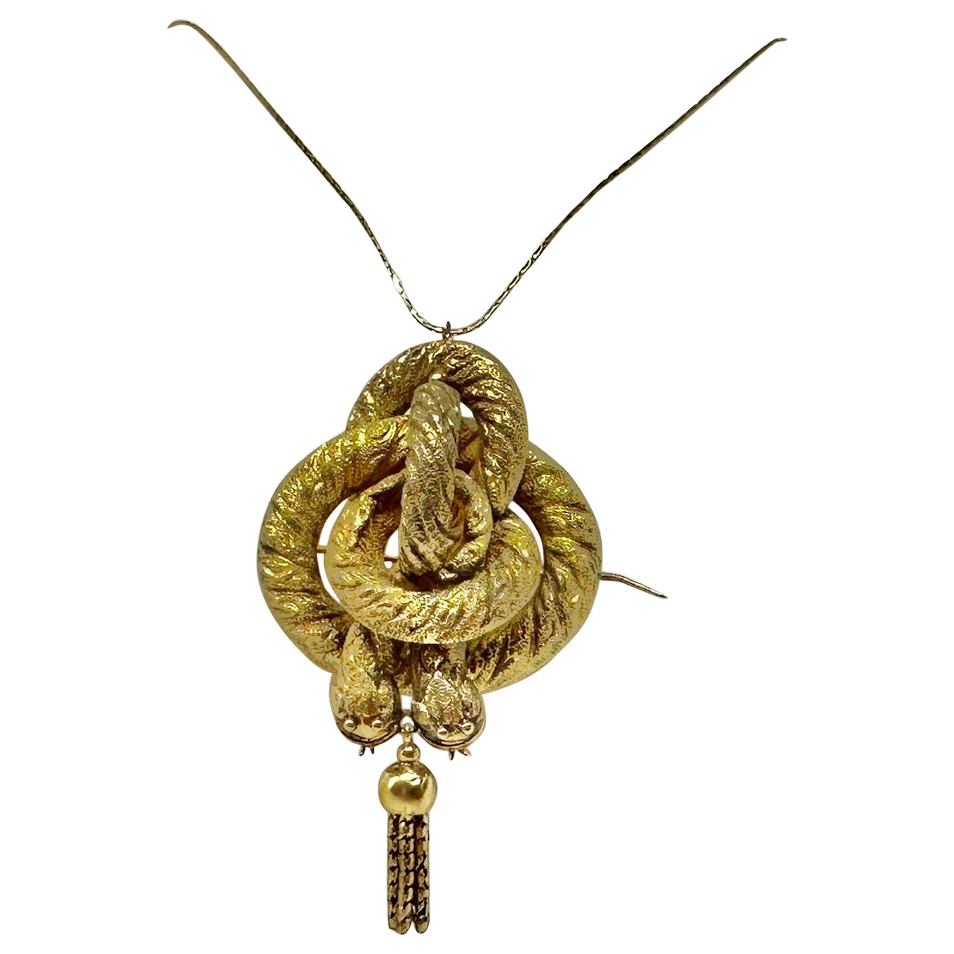 Victorian Snake Pendant Brooch Necklace Antique Double Snakes 14 Karat Gold 1860