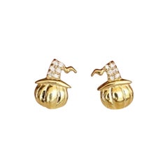 Pumpkins Studs Piercing 14k Solid Gold Witch Hat Minimalist Diamond Ear Studs.