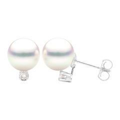 8-8.5mm White Cultured Pearl Stud Earring with Diamond in 14 Karat White Gold