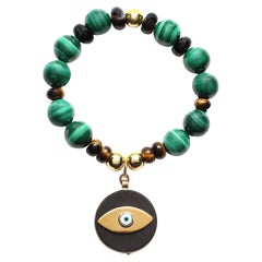 CLARISSA BRONFMAN Malachite Ebony Gold Tiger's Eye Evil Eye Beaded Bracelet