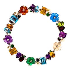 Art Nouveau Diamond Ruby Emerald Blue Sapphire Pearl White Gold Flowers Bracelet