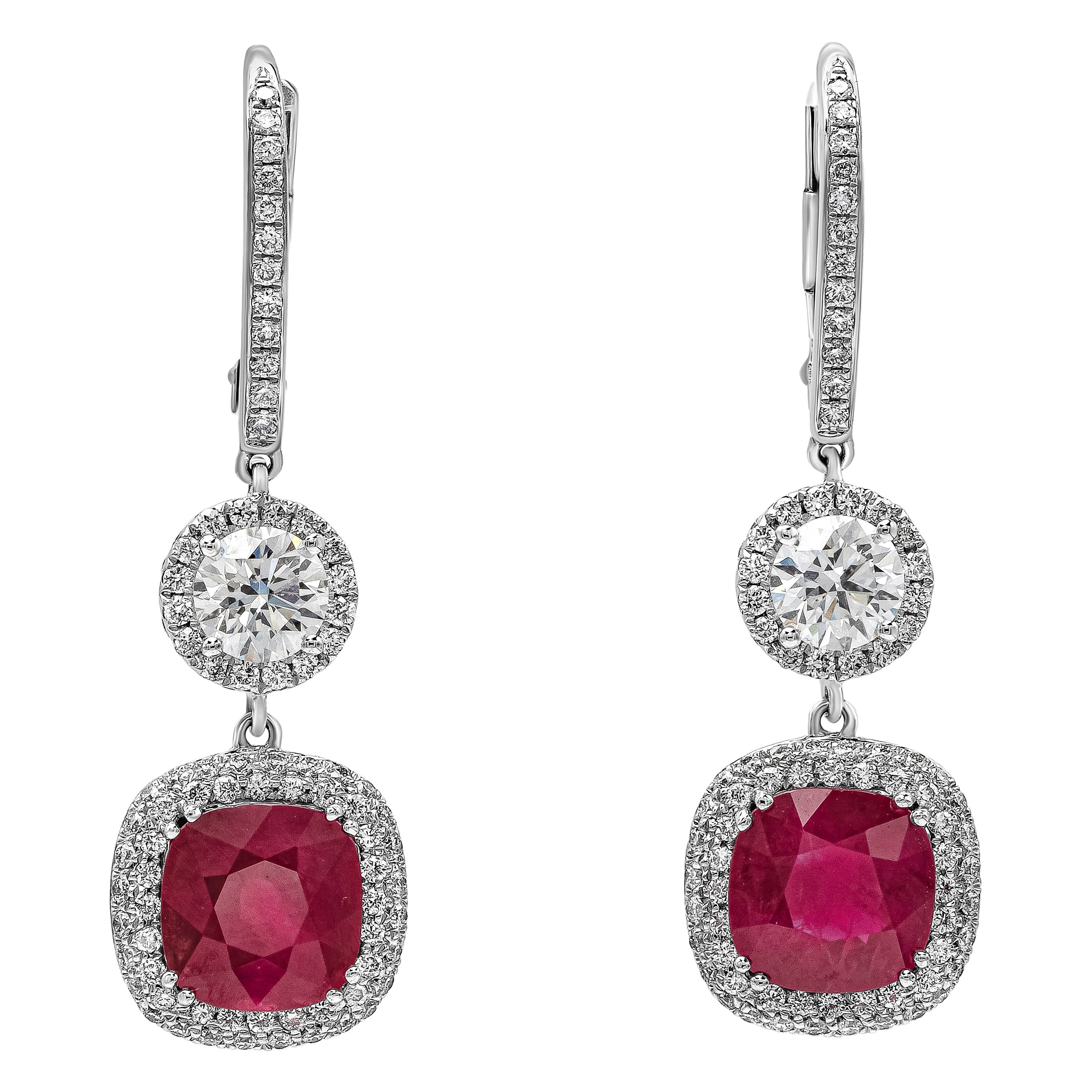 Roman Malakov 4.15 Carat Cushion Cut Ruby and Diamond Halo Dangle Earrings