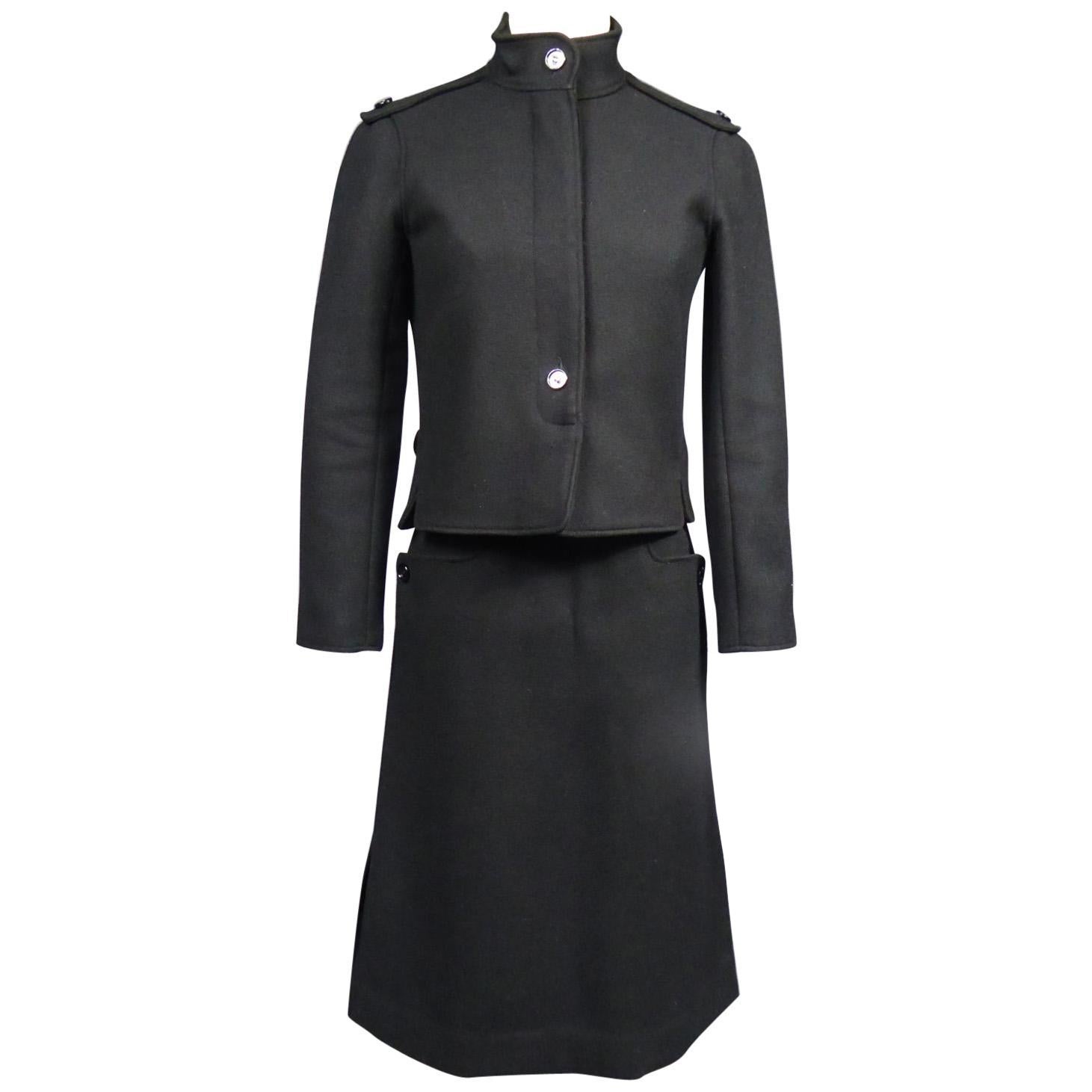 André Courrèges Haute Couture Skirt Suit In Black Wool Circa 1968/1975  For Sale