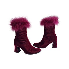 Rare Used Charles Jourdan Size 7.5 Merlot Wine Velvet Ostrich Feather Booties