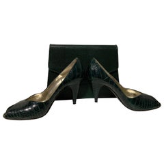 1980 Bruno Magli Green Alligator Peep Toe Pumps & Coordinating Lizard Clutch 