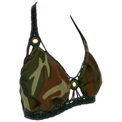 Torso Creations Camo Print Cotton & Hand-Crochet Halter Bralette 