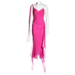 John Galliano - Robe de soirée en mousseline de soie rose vif coupée en biais, printemps-été 2004