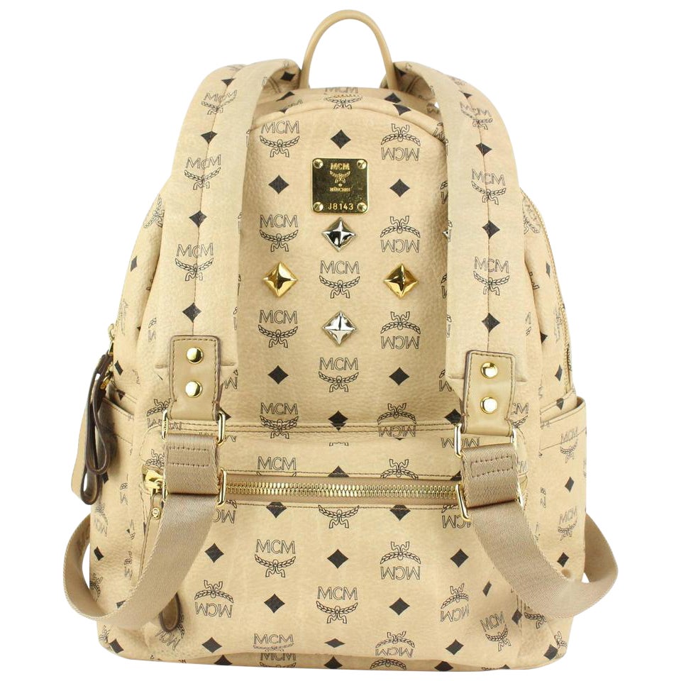 MCM Beige Monogram Visetos Logo Medium Studded Stark Backpack 921mcm73 