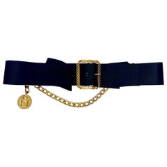 Chanel Vintage Black Satin Bow with Gold Buckle, Chain and Medalion Belt 