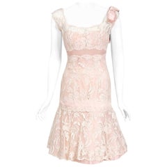 Vintage 1950's Harvey Berin Pale-Pink Sheer Lace Illusion & Silk Flounce Cocktail Dress